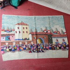 Peru Hand Woven Wool Tapestry Wall Art Blanket Church Village Community 66 x 45"